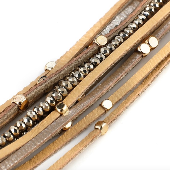 Champagne Beaded Leather Wrap Bracelet - Picture 5 of 7